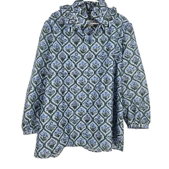 Tuckernuck Bouvier Blouse Top Blue Floral Medallion Ruffle Collar NWOT Size 3XL - Picture 2 of 10